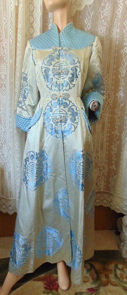 VTG 40s Ying Tai Co ORIENTAL FITTED SILK SATIN DRESSING GOWN ROBE W BATS 27W