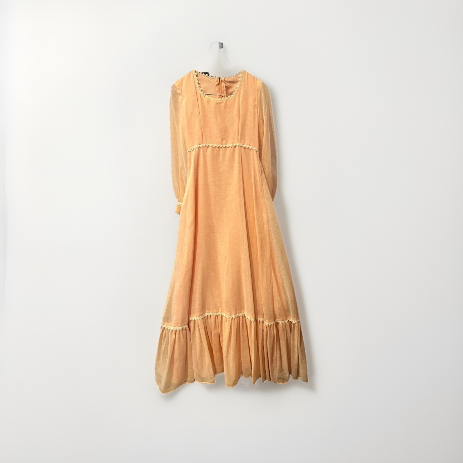 VTG Romantic Cottagecore Fairycore Boho Prairie Dress White Trim Peach Sz XS-S