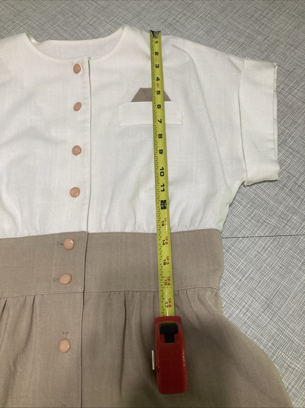 VTG 80s Does 50s Caron Petite Chicago Linen Look Dress Cream Tan Shirtdress XS