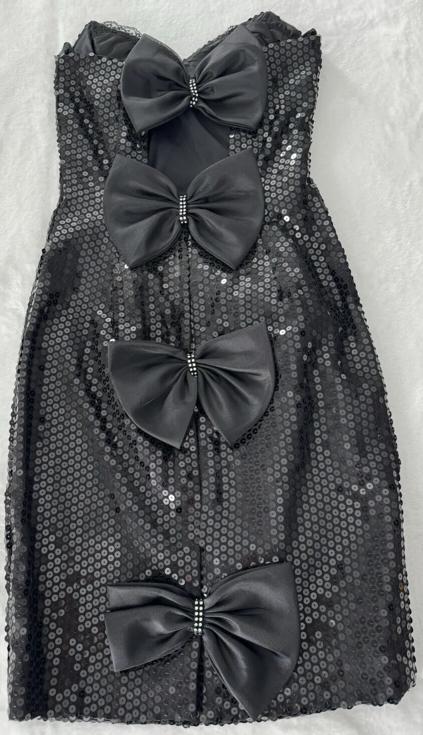 VTG Union Label Black Strapless Cocktail Mini Prom Dress Large Bows Sequined XS