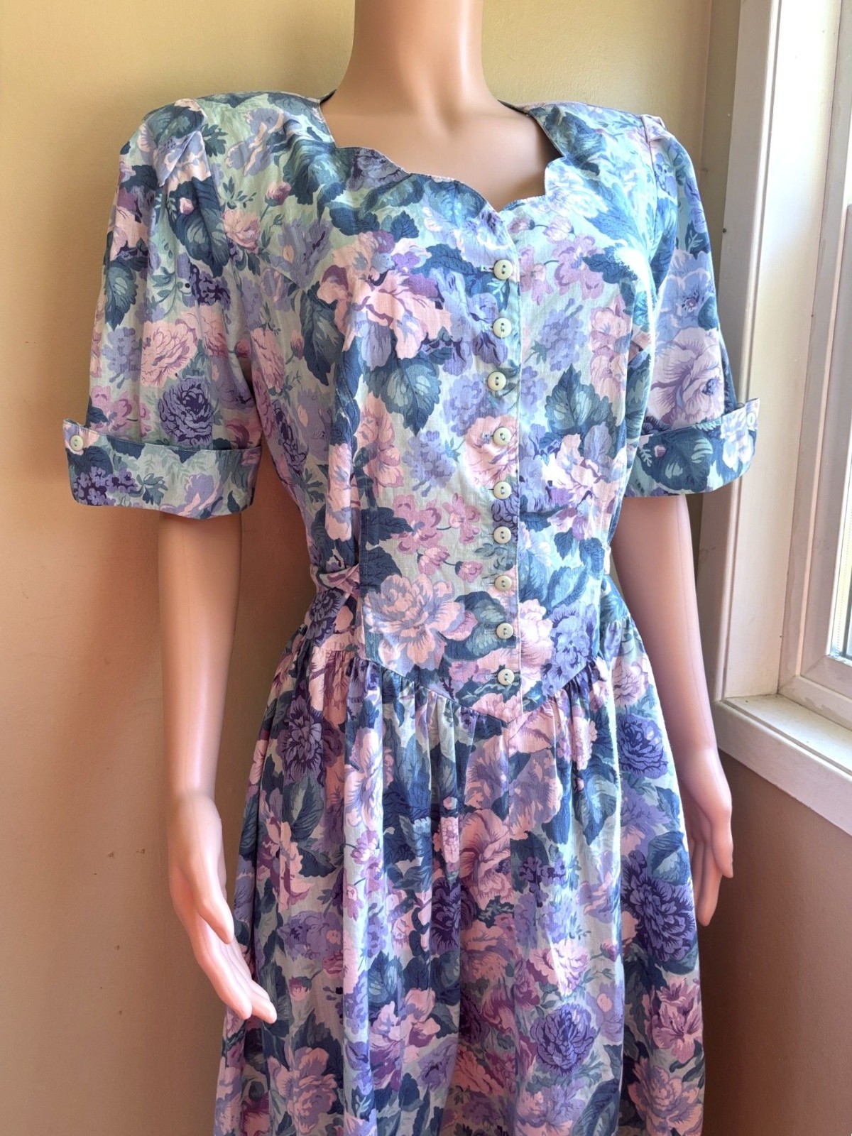 Vintage 80s Country Day Dress XL Button Up Tie Back Retro 40s Pastel Floral