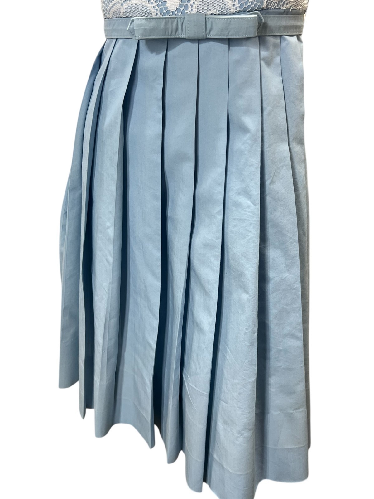 EUC Vtg 60s XS Mar Tee Day Dress Blue Knife Pleat Skirt Atomic White Lace Belted
