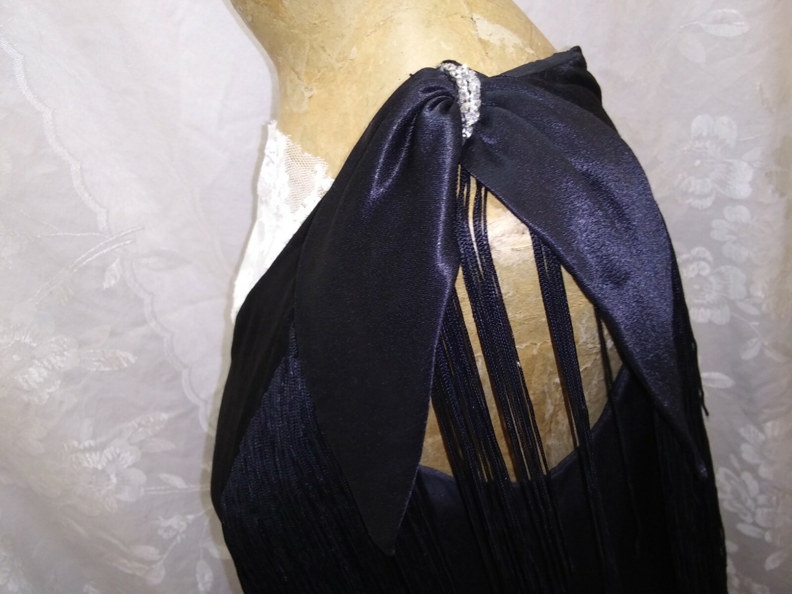 Vintage 1960’s Retro 30’s Black Rayon Satin Fringe Flapper Dress Size S/M