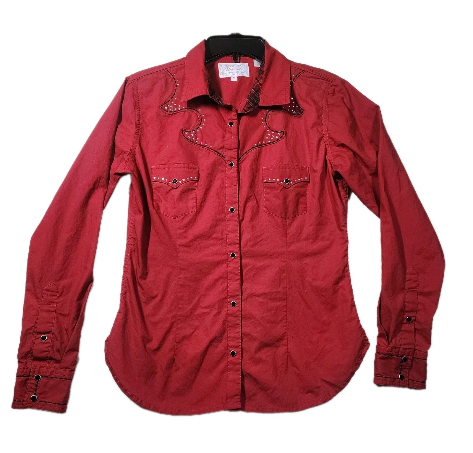 Western Shirt by Panhandle Slim Retro Vintage Red Crystals Black Texas Womens M