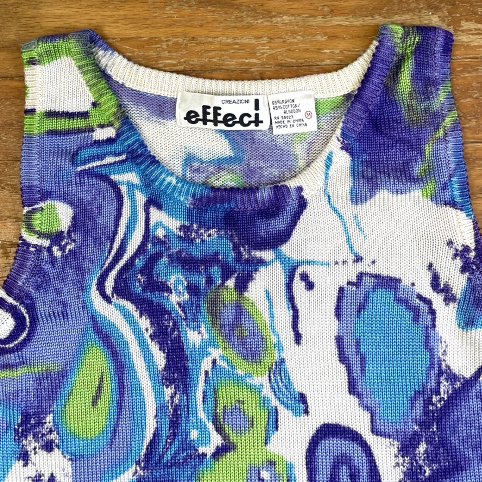 Vintage Psychedelic Print Top Size Medium 90s Knit Rayon Cotton Sleeveless Shirt