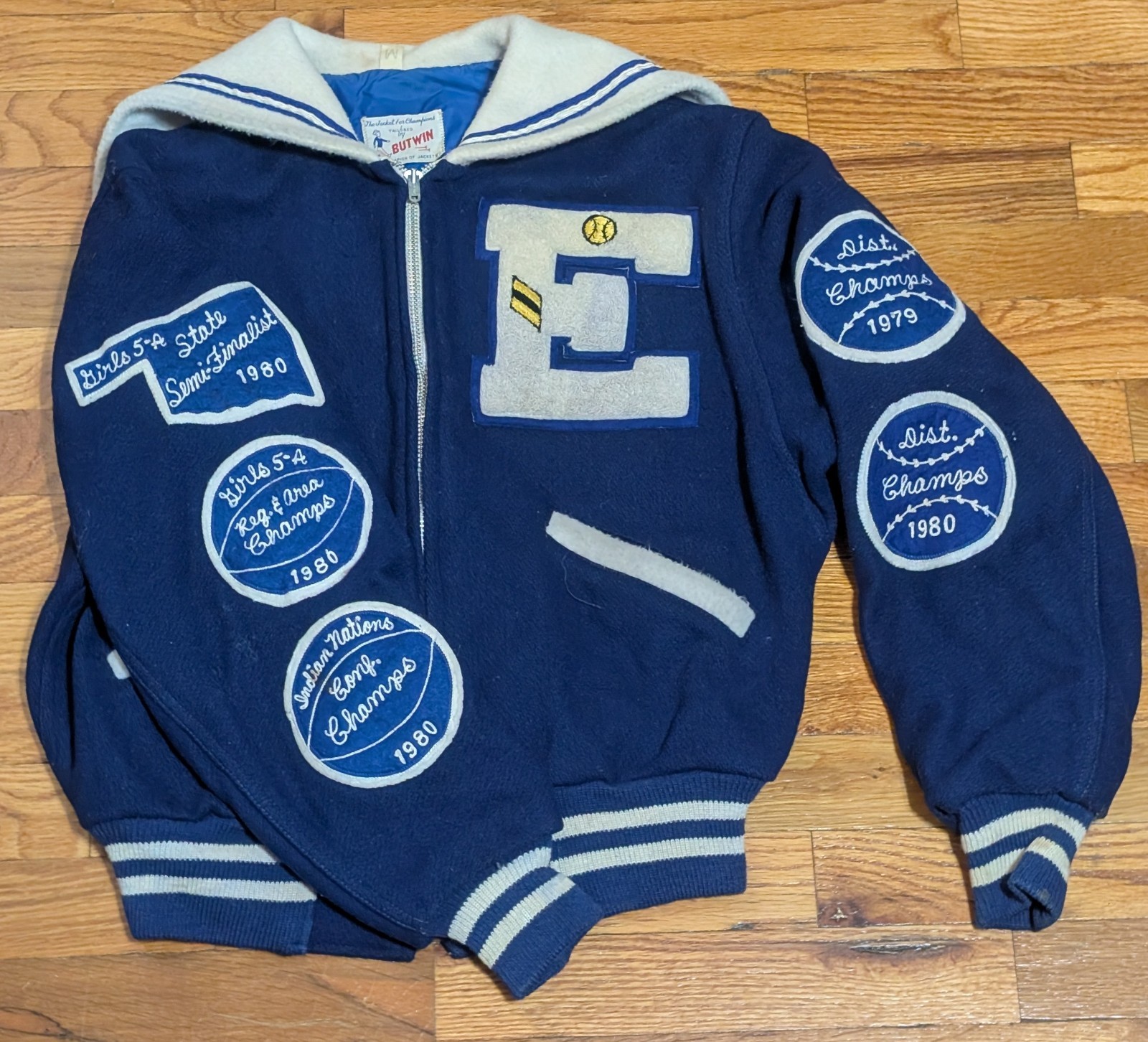 Vintage Butwin Varsity Jacket – Women’s Medium Coat – 1980 Oklahoma Champs Patch