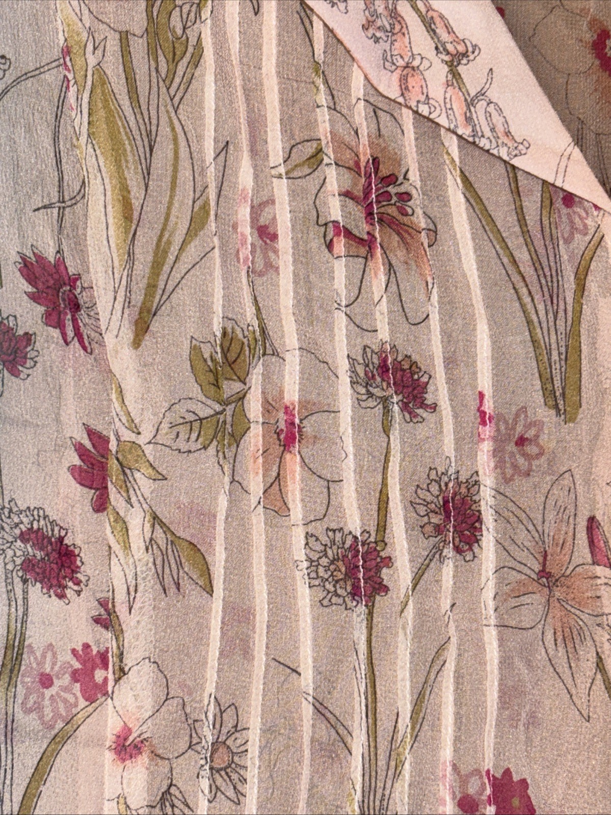 Vintage Silk Sheer Pink & Floral top Sz L Faux Pink Pearl Buttons Cap Sleeve