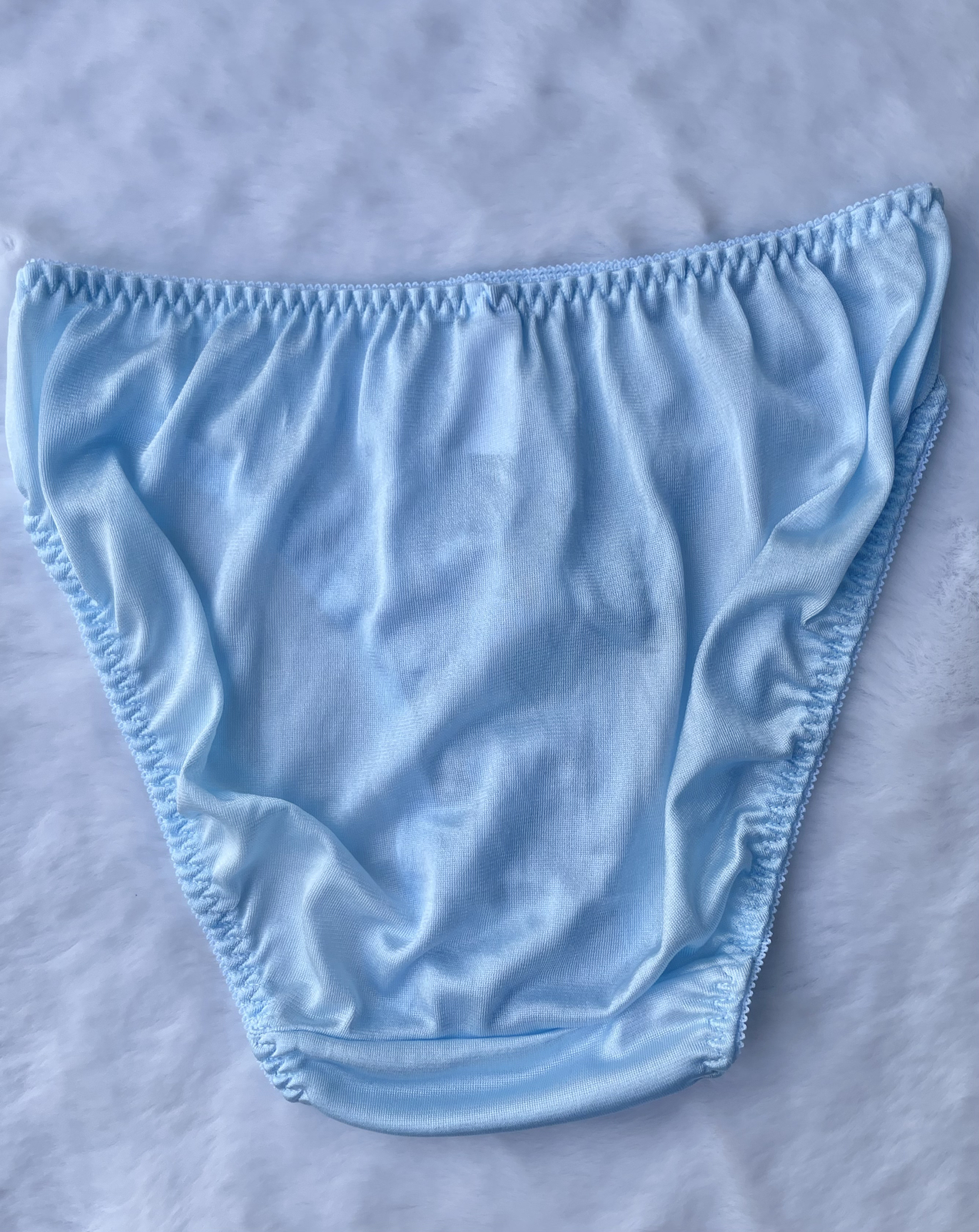 Vtg Slippery Powder Blue Nylon Panty Sheer Lace Hi Cut Briefs SZ.5-6 Hip 35-38″