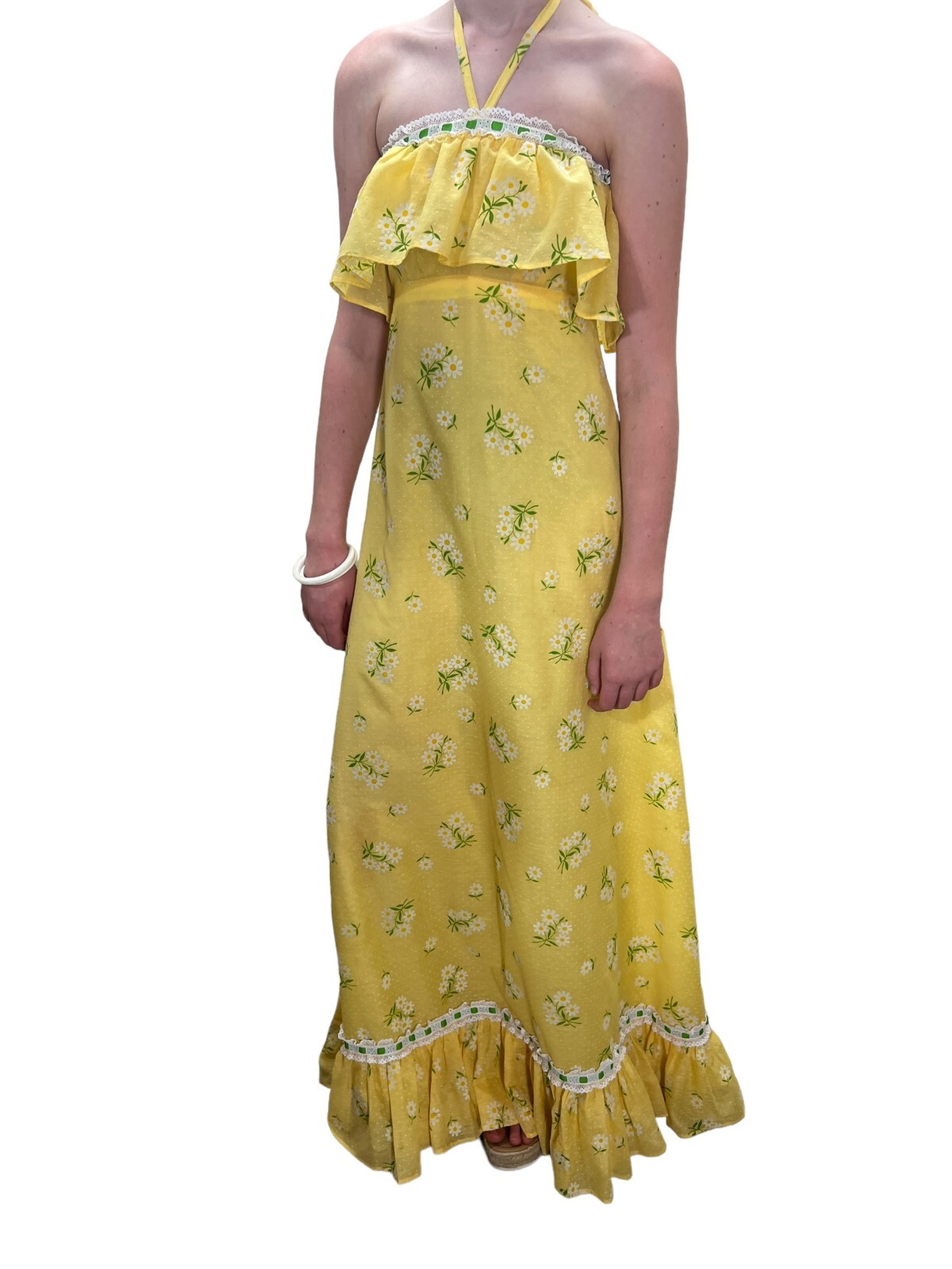Sz XS Vtg 60s 70s Halter Maxi Dress Yellow Daisy Swiss Dot Festival Hippie Boho