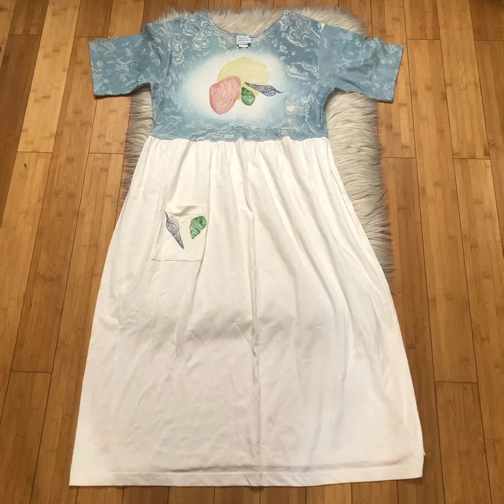 Vintage Aquarium Sea Creatures Novelty Tie Dye Blue White Vacation Dress size L