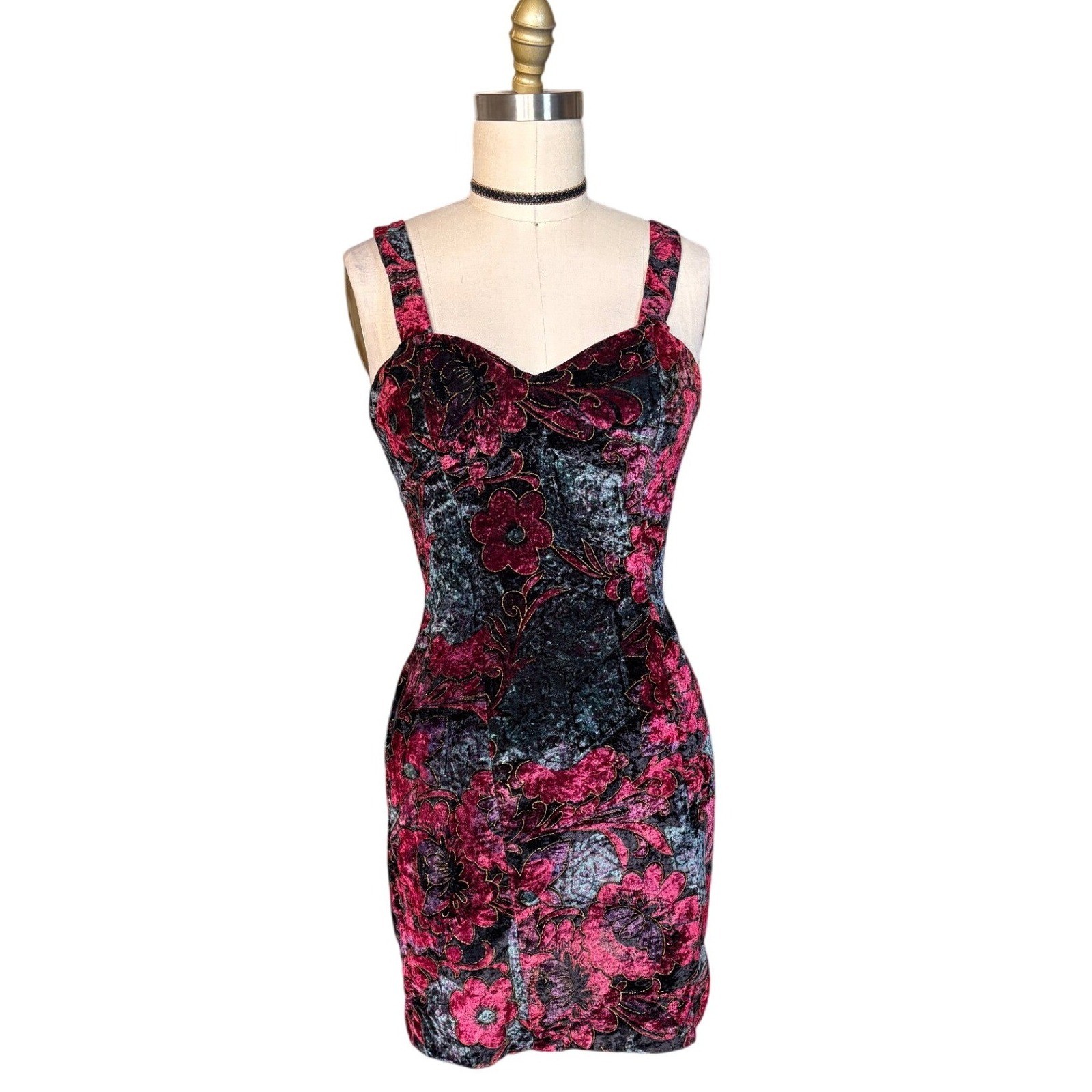 90s Rampage Floral Prom Velvet Bodycon Dress Burgundy Gold Burnout Vintage