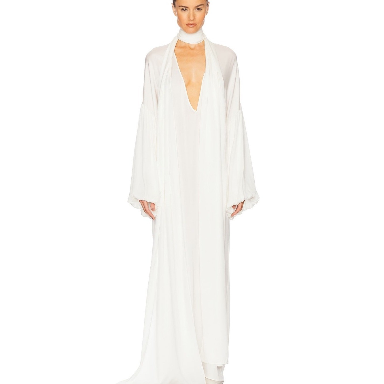 Elegant White Silk Plunging Maxi Dress with Dramatic Sleeves