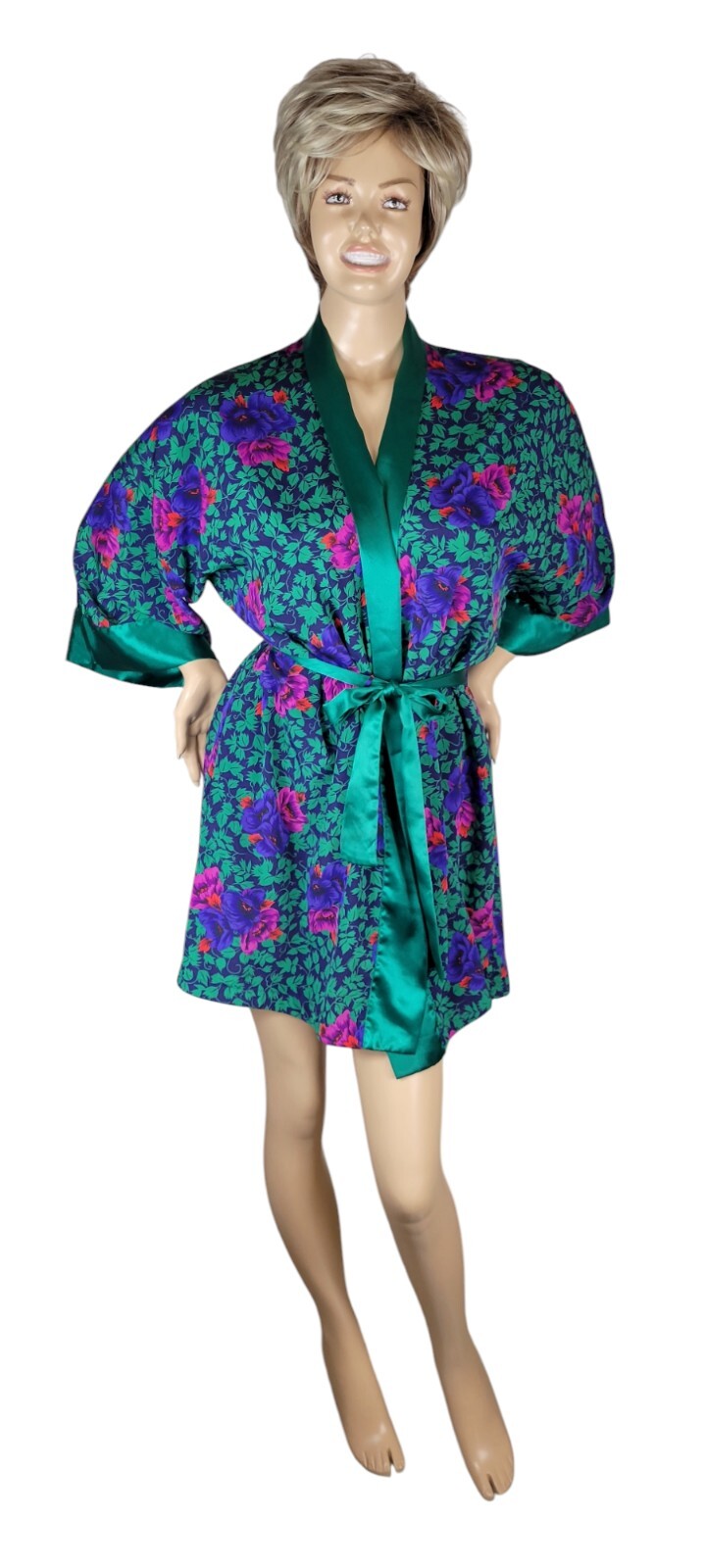 Vtg Victoria’s Secret Gold Label Poly Satin Green Purple Pink Red Floral Robe OS