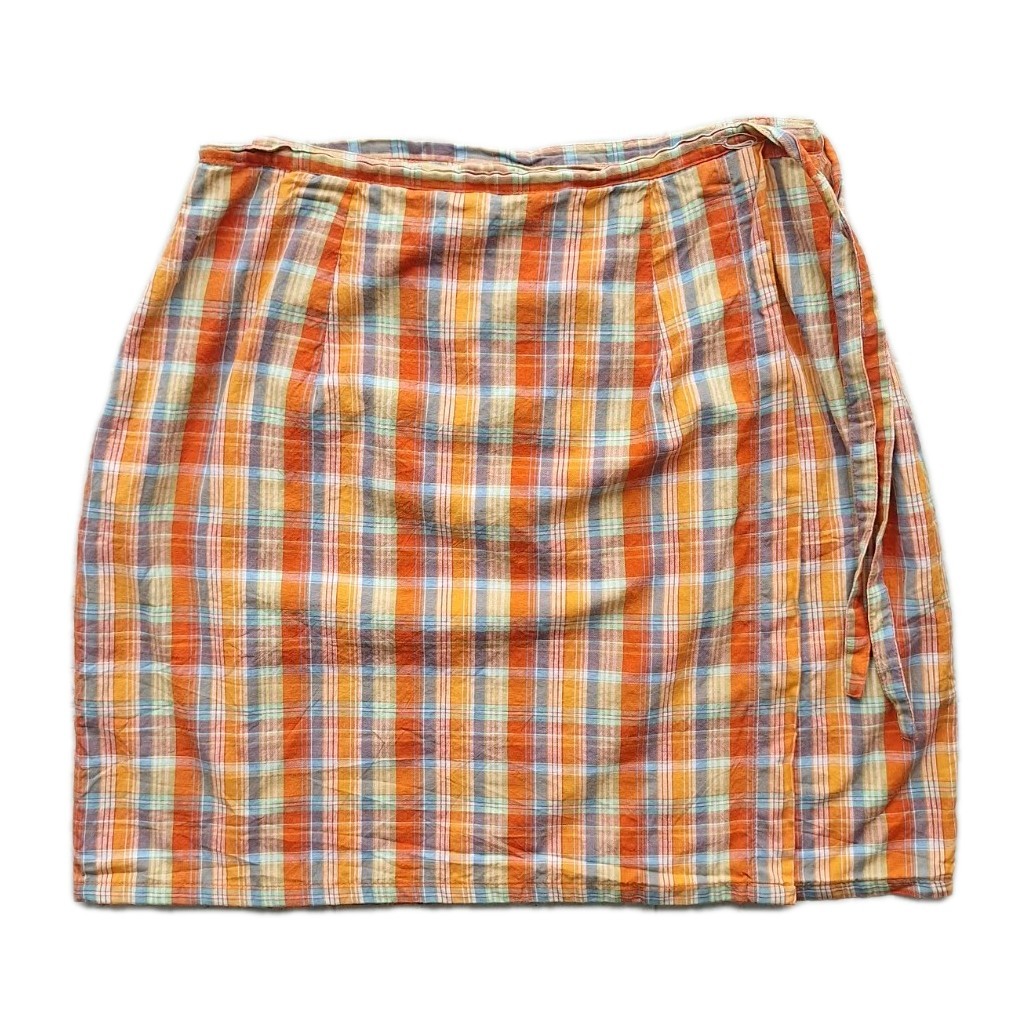Vintage Paul Harris Design Wrap A Line Short Skirt Plaid Orange Sz 8 Cotton 90s