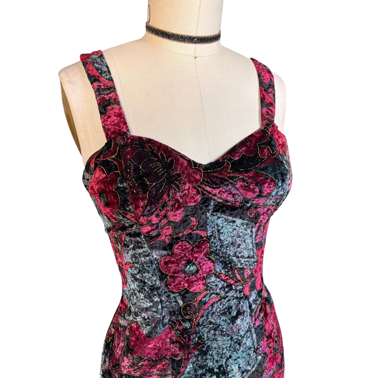 90s Rampage Floral Prom Velvet Bodycon Dress Burgundy Gold Burnout Vintage