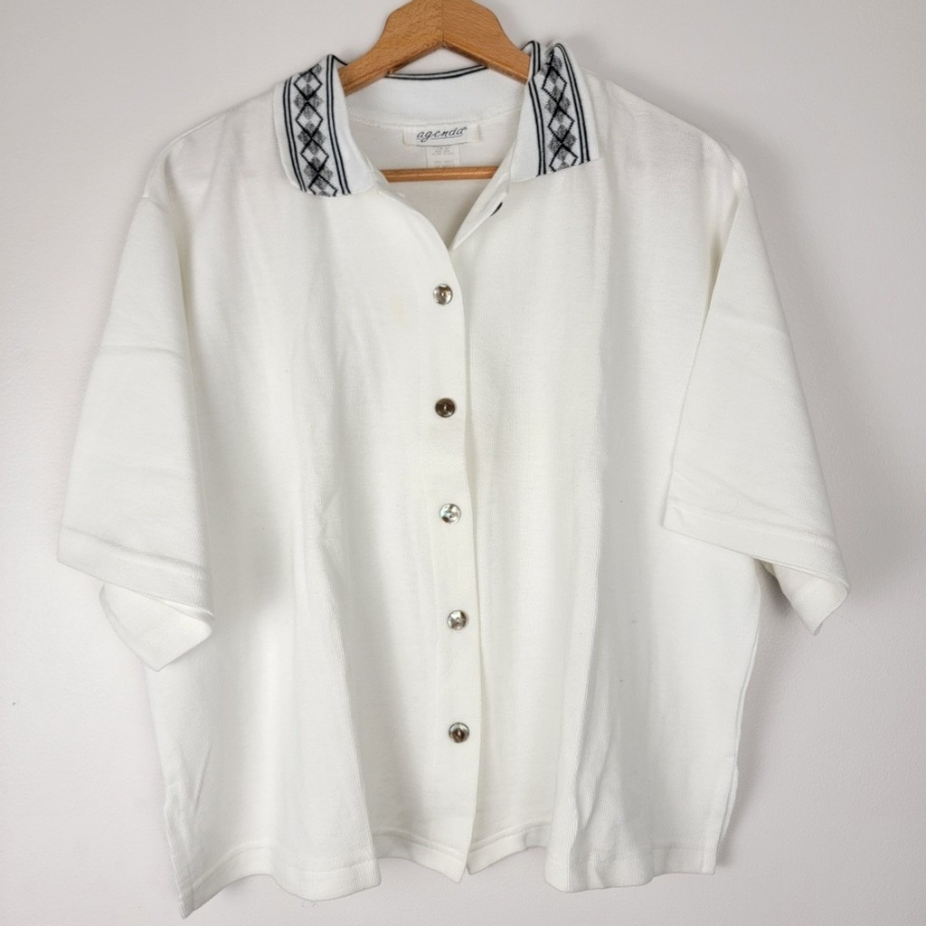 Agenda Vintage Paper Tag White Black Knit Button Polo Shirt Argyle Collar 1X