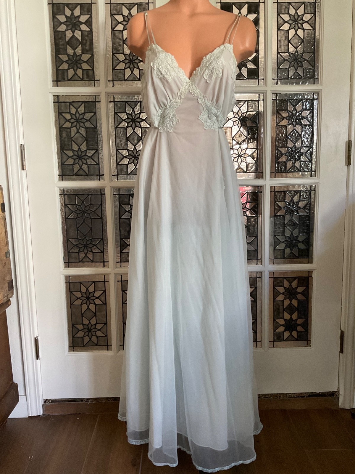 Vintage Gotham Gold Stripe Blue Nightgown Chiffon Nylon Lace Trim Size 36 USA