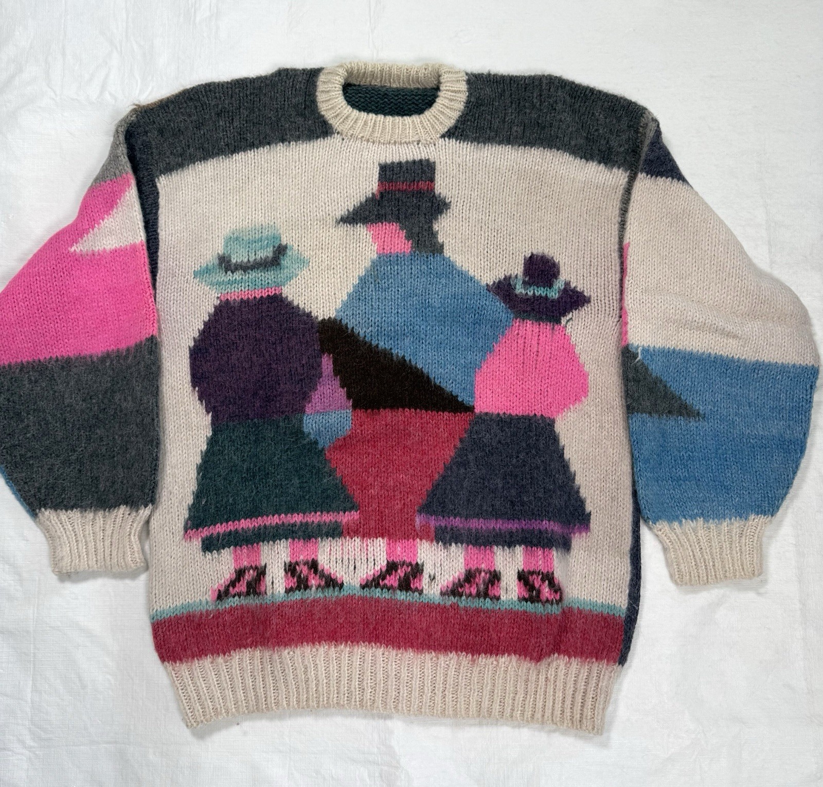 Vtg 80s Peruvian Baby Alpaca Sweater Wool S/M Geometric Design Women In Hats