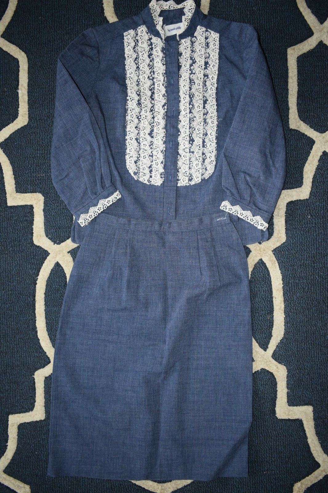 Vintage 60s Marie Phillips Skirt Suit 2pc Denim Lace Bust: 34″ Waist:23 ” Lot K