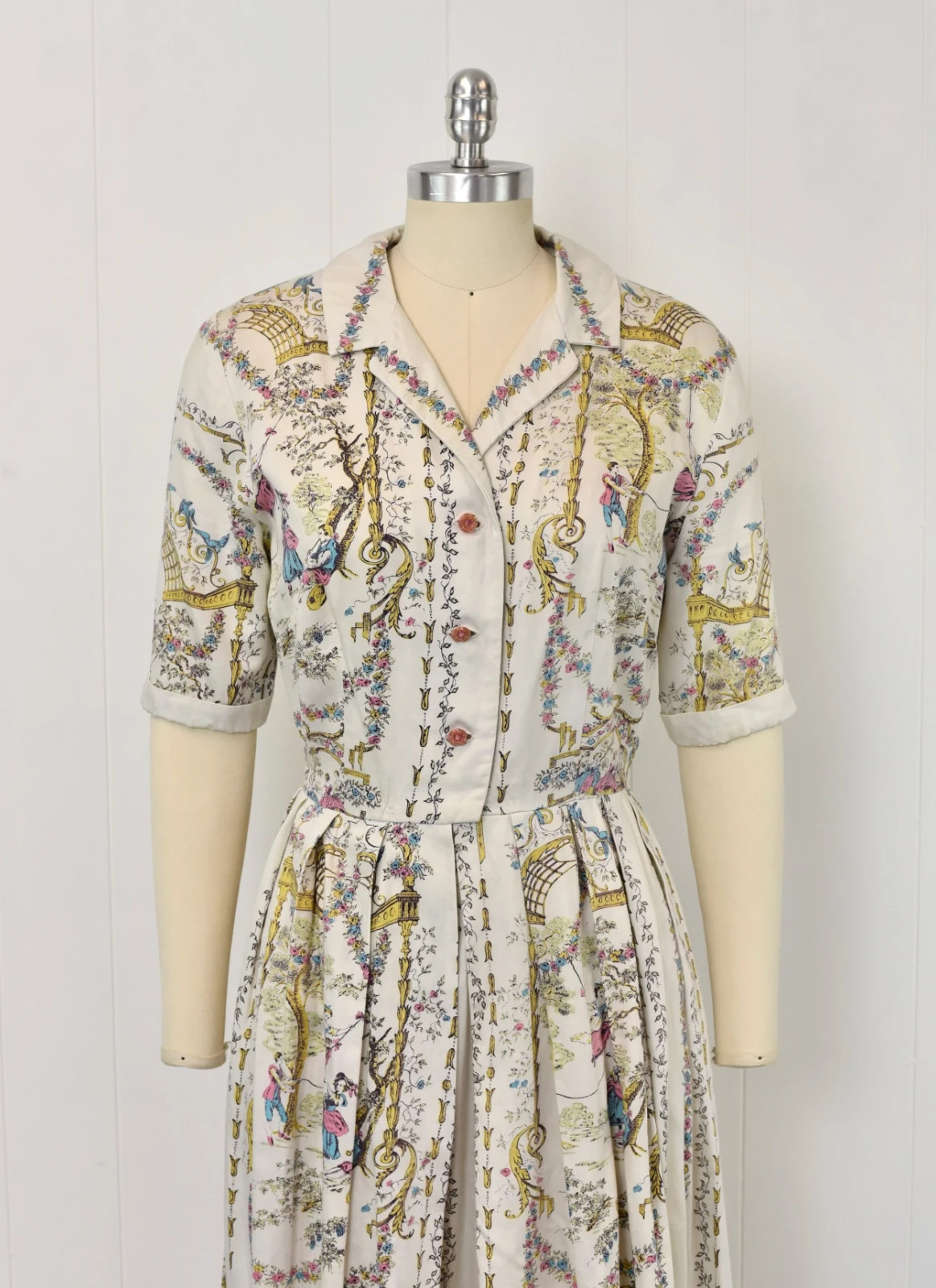 Vintage 1950s Rococo French Provincial Novelty Print Cotton Shirt Dress