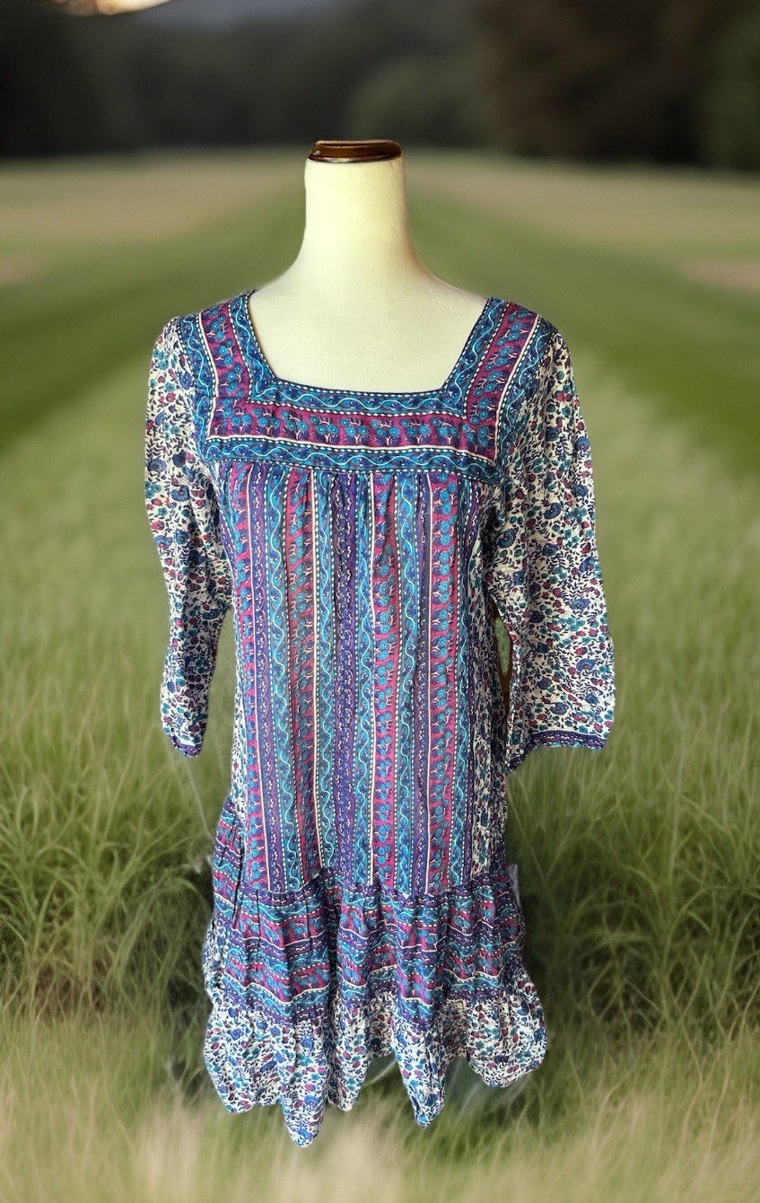 Vtg 1970s INDUS Block Print India Dress Super Lightweight Cotton Sz S/M