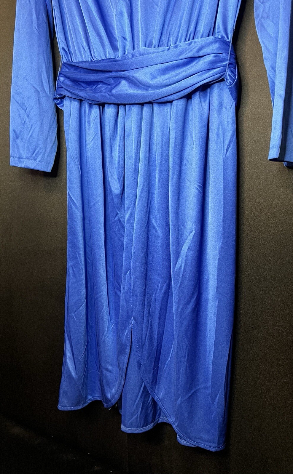 VTG Impromptu Belted Satin Chic Blue Dress Embellished Bejeweled Floral Accents