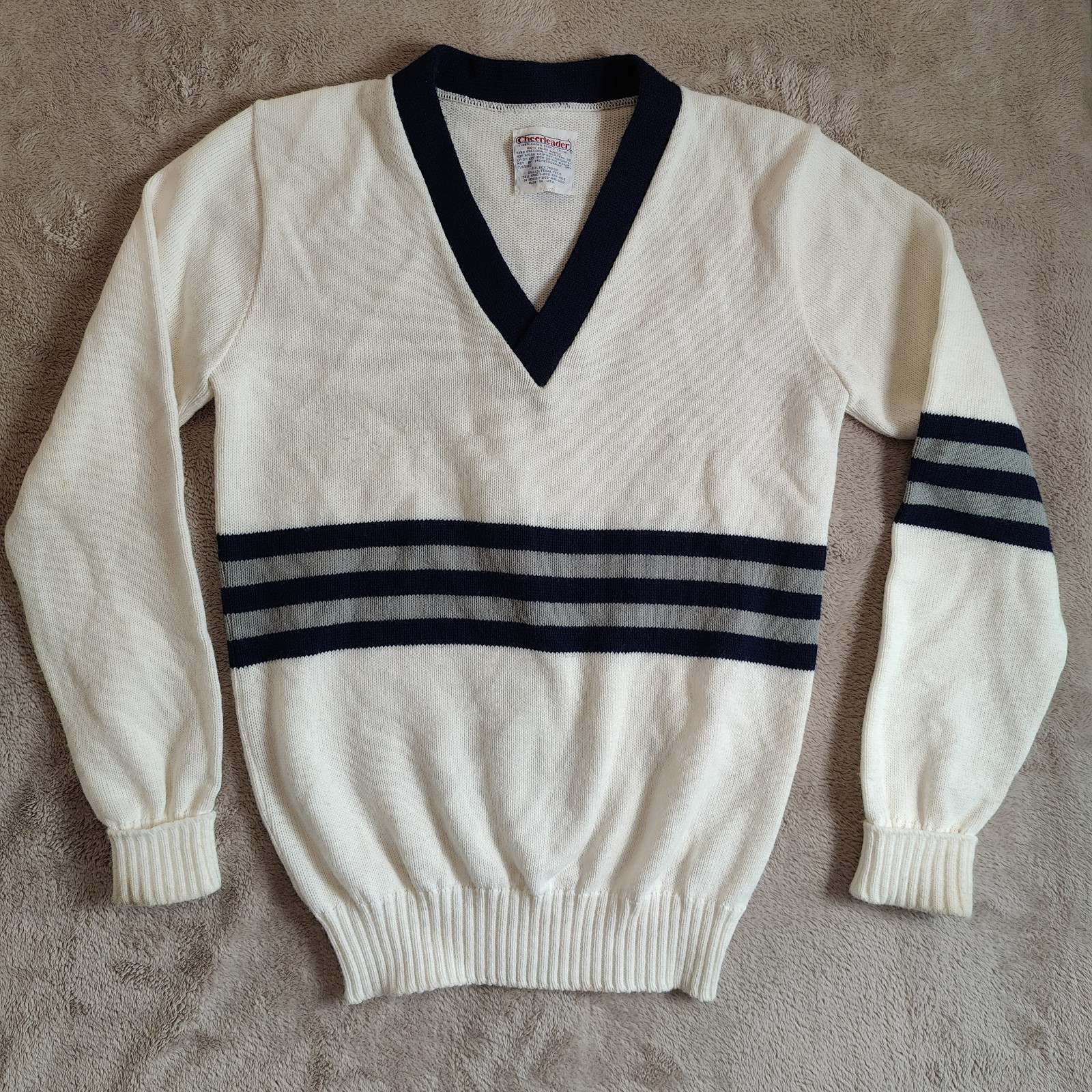 Vintage 70s 80s Cheerleading V-Neck Sweater White Navy and Gray Stripe – Size M