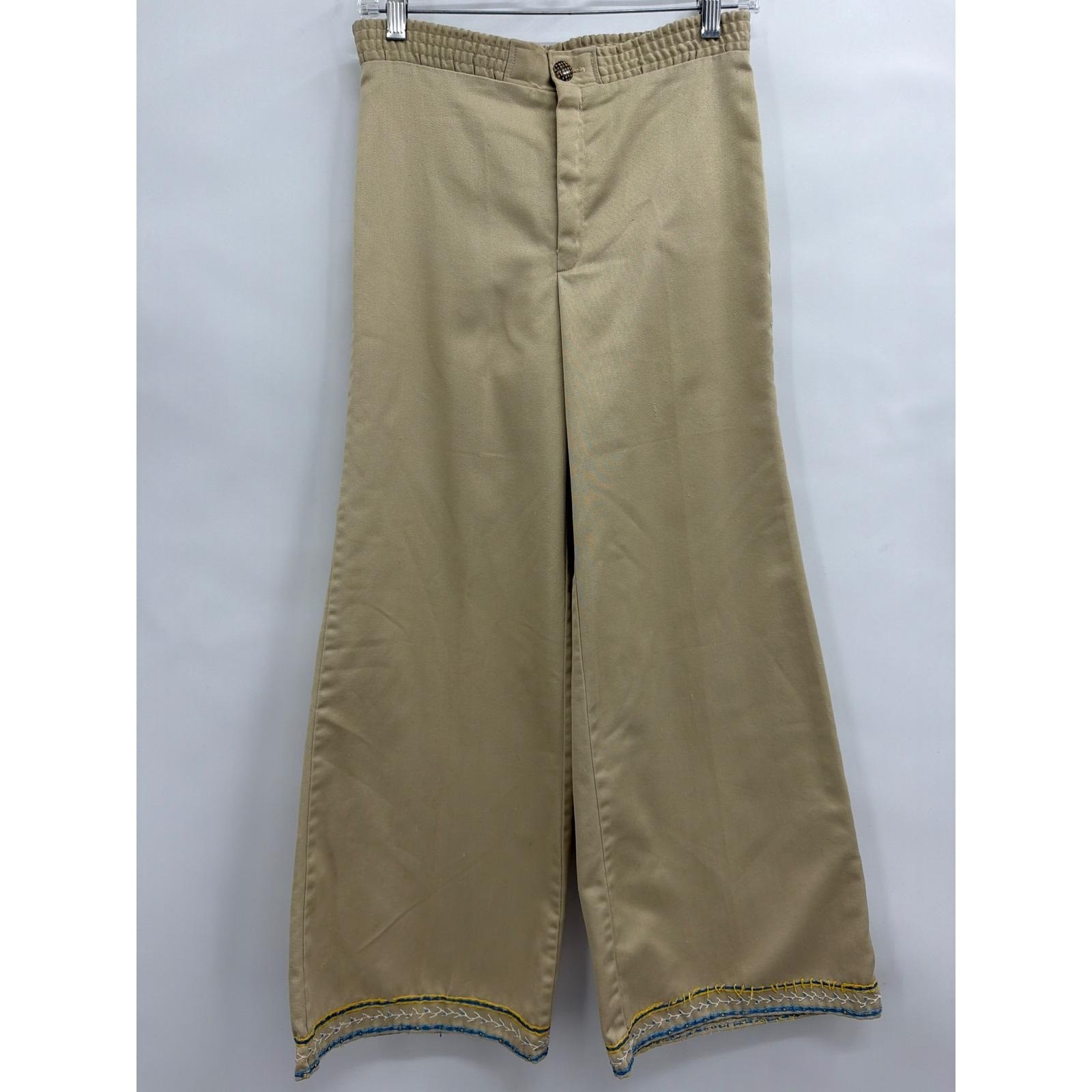 Vintage Alison Roberts Tan Wide Leg Embroidered Hem Pants Khaki High Waist 27