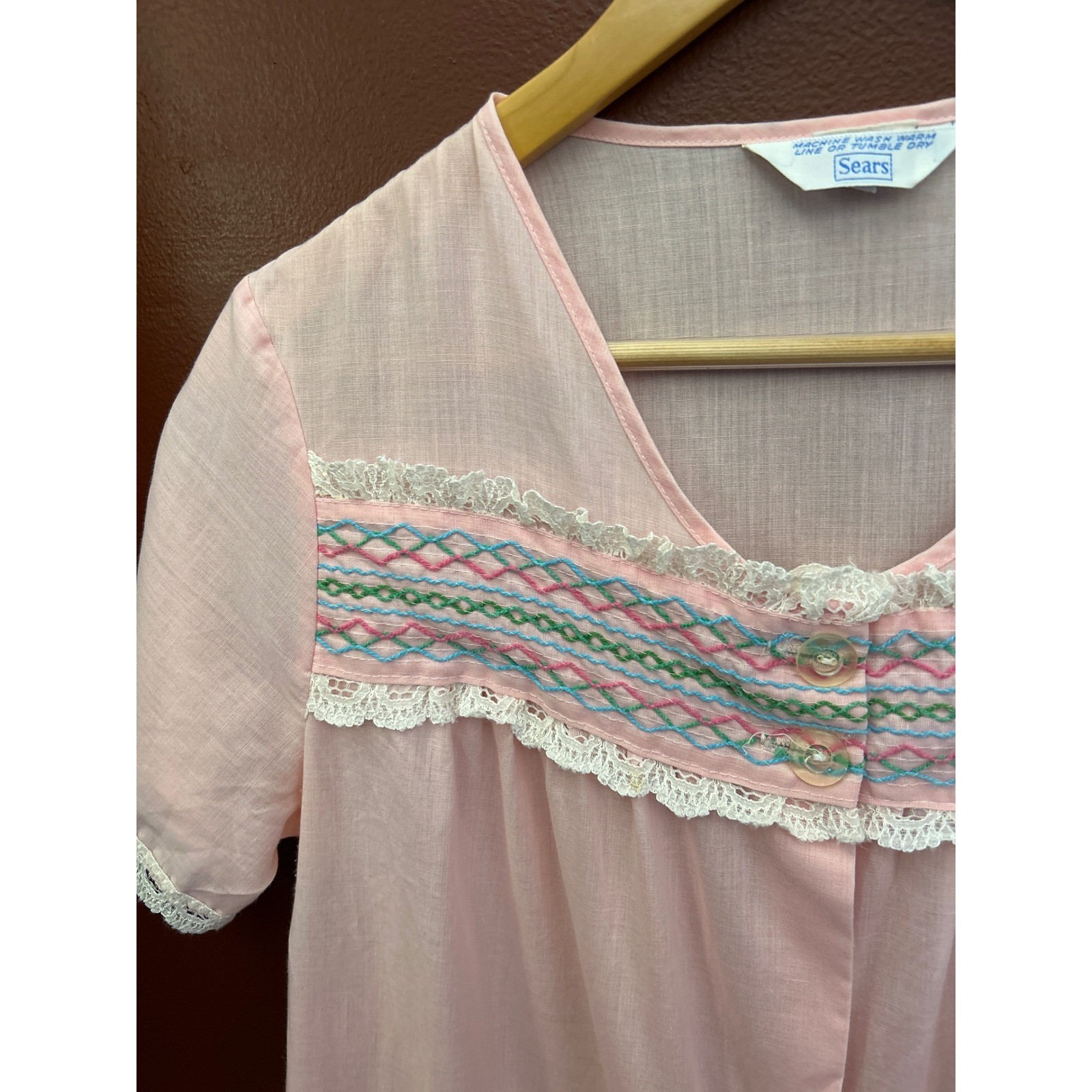Vintage Sears House Dress Cottagecore Grannycore Pastel Smocked Pink Button Up