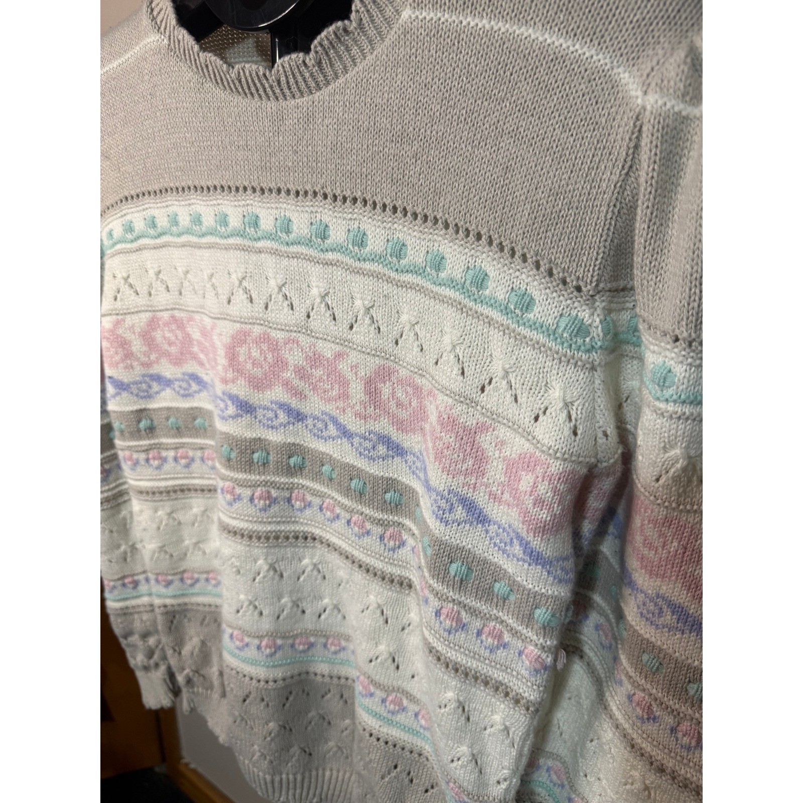 Vintage Beldoch Popper Fair Isle Pointelle Knit Sweater Pastel Puff Sleeve Grey