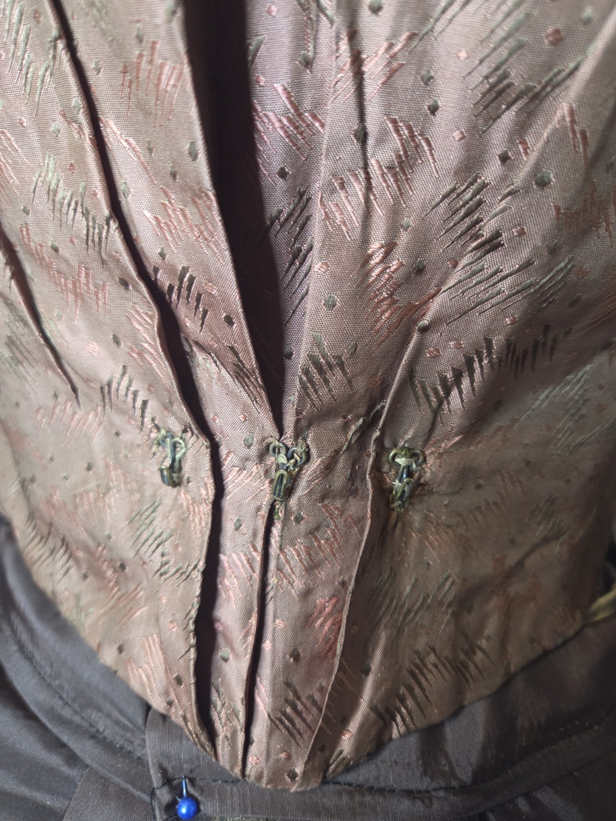 Victorian Copper Taffeta Print Bodice w/ Green Velvet Trim READ!