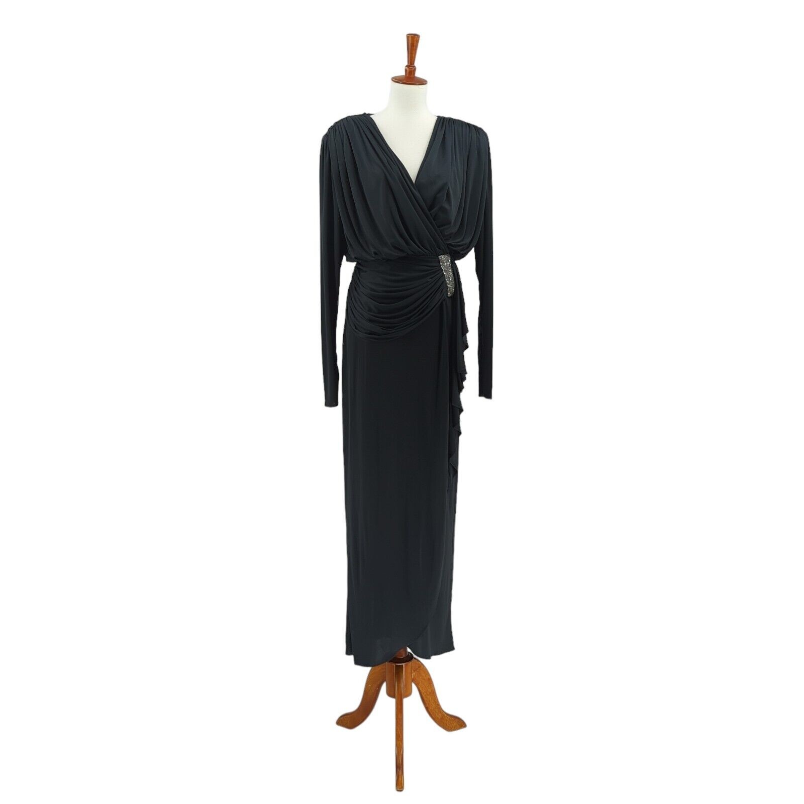 VTG 80s Tadashi Shoji Women 6 Dress Black Gown Beaded Faux Wrap Empire Waist