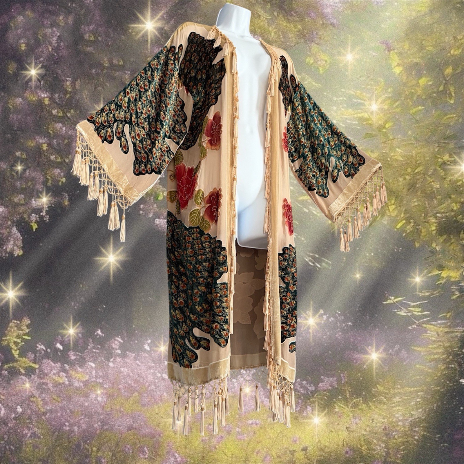 Beaded Velvet Burnout Kimono Peacock Velvet Kimono
