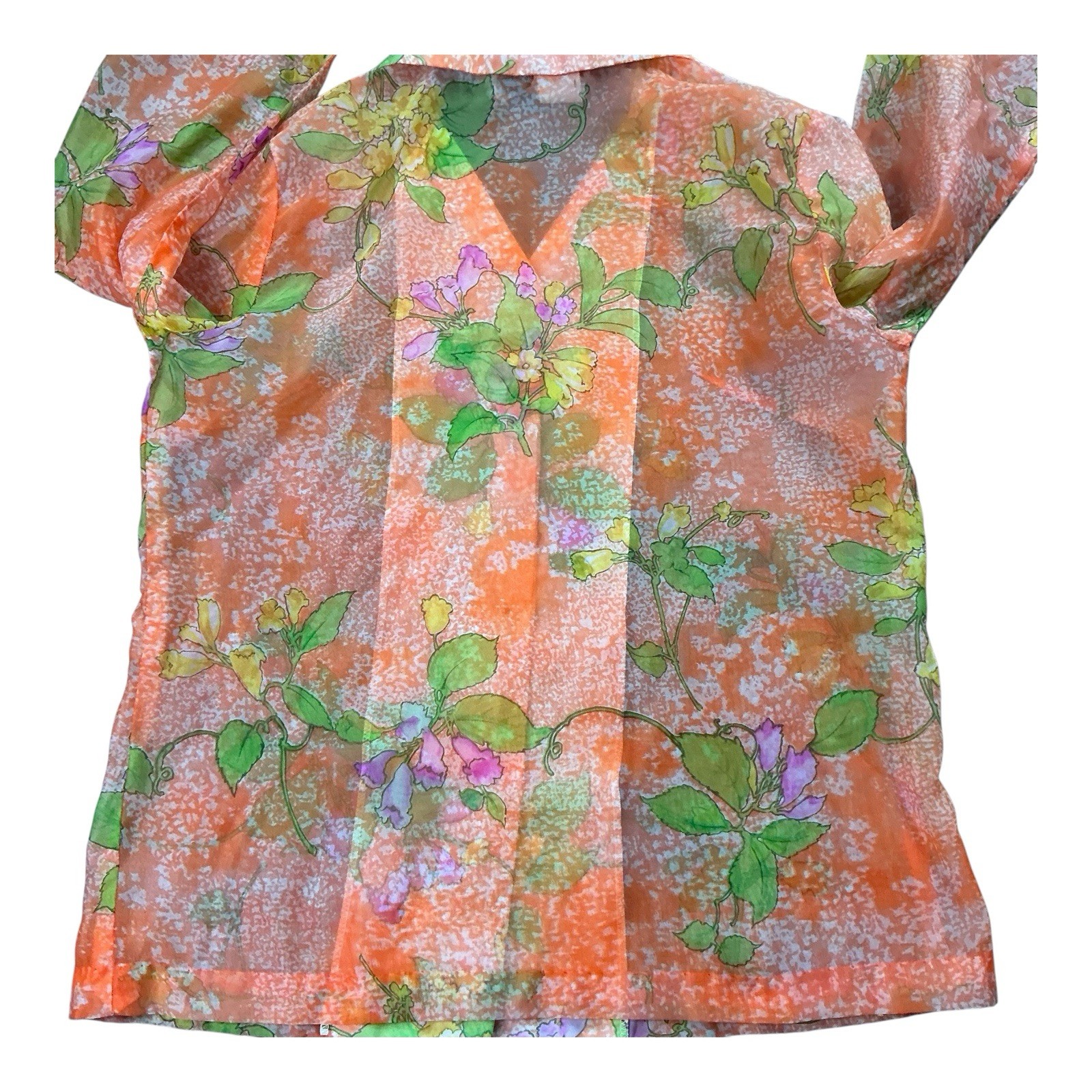 Vintage 1960/70s Pacific Isle Hawaii tropical orange semi sheer shirt USA made