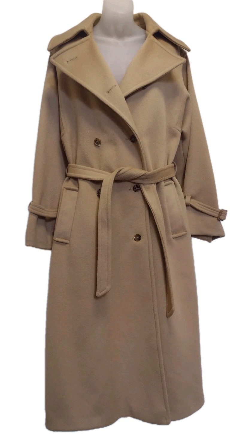 Vintage Stevens Forstmann Wool Long Coat Camel Belted USA ILGWU Quiet Luxury L