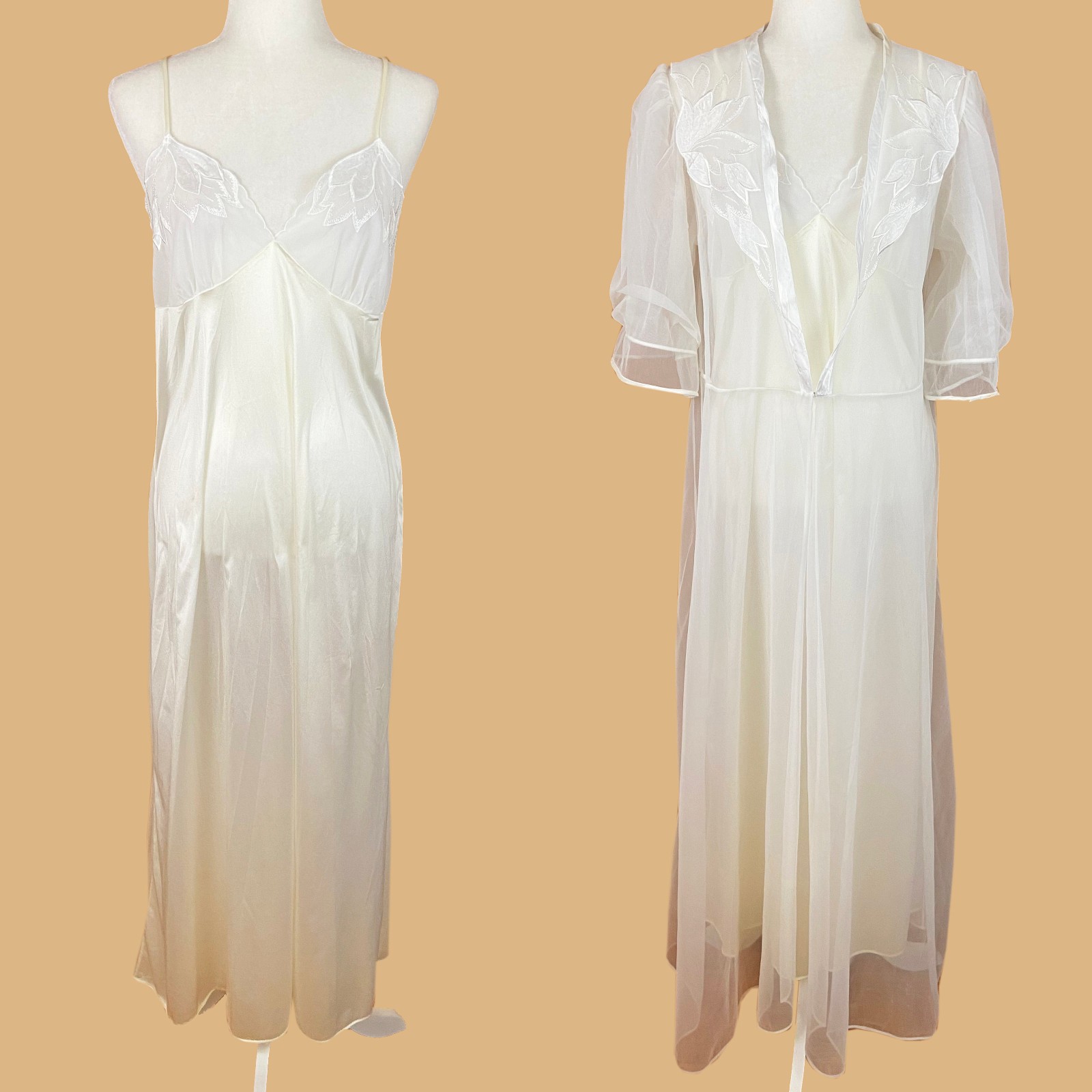 Vintage 1980s Val Mode Peignoir Set Size M Ivory Satin Nightgown Sheer Robe