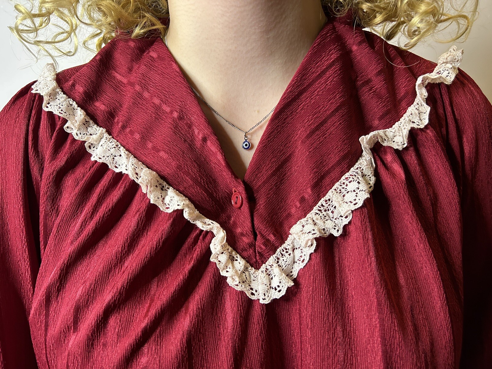 Vintage Australian ARC 80s Burgundy Midi Trapeze Dress Lace Yoke Pinstripe AU 14