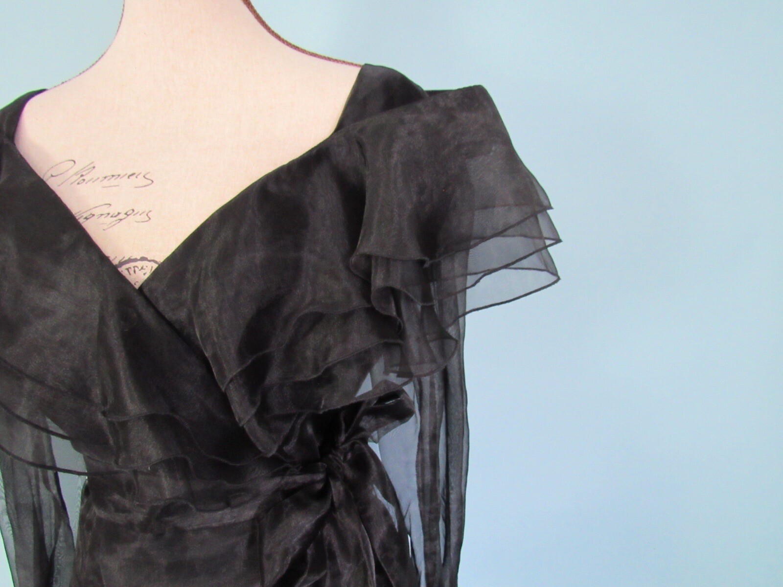 Size M HAMPTON NITES Black Wrap Blouse VINTAGE Shoulder Ruffles Sheer Sleeve