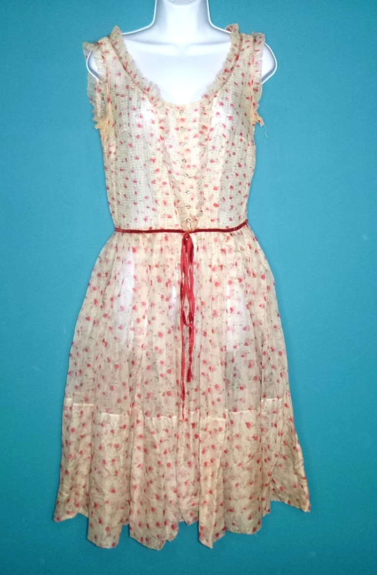 Vtg 50’s Organdy Dress Pintucked Bodice Apple Print Ruffles Rhinestone Buttons M