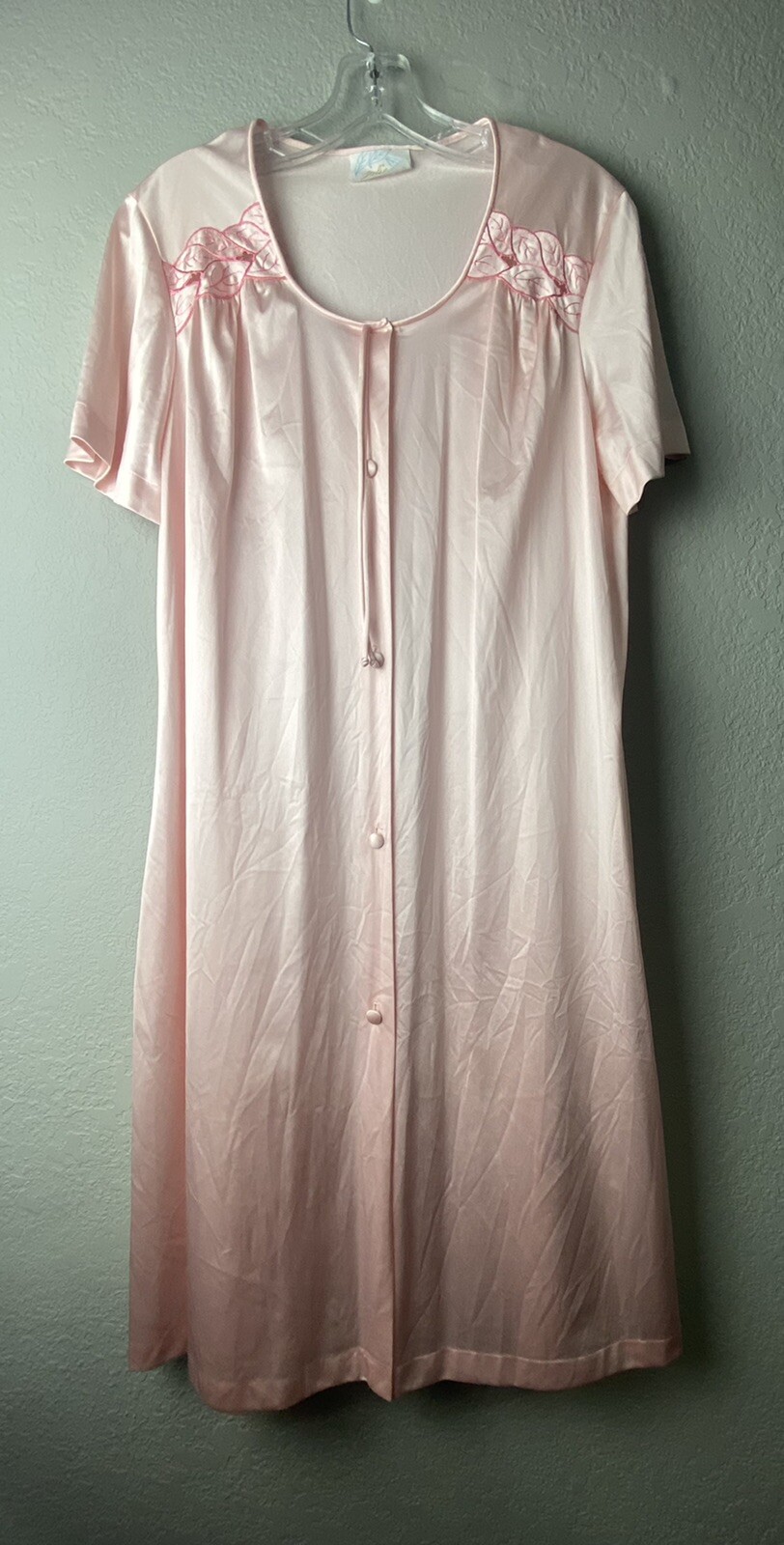 VTG Jolie Two Peignoir Nylon Silky Shiny Pink Sheer Flowers Embroidered MED