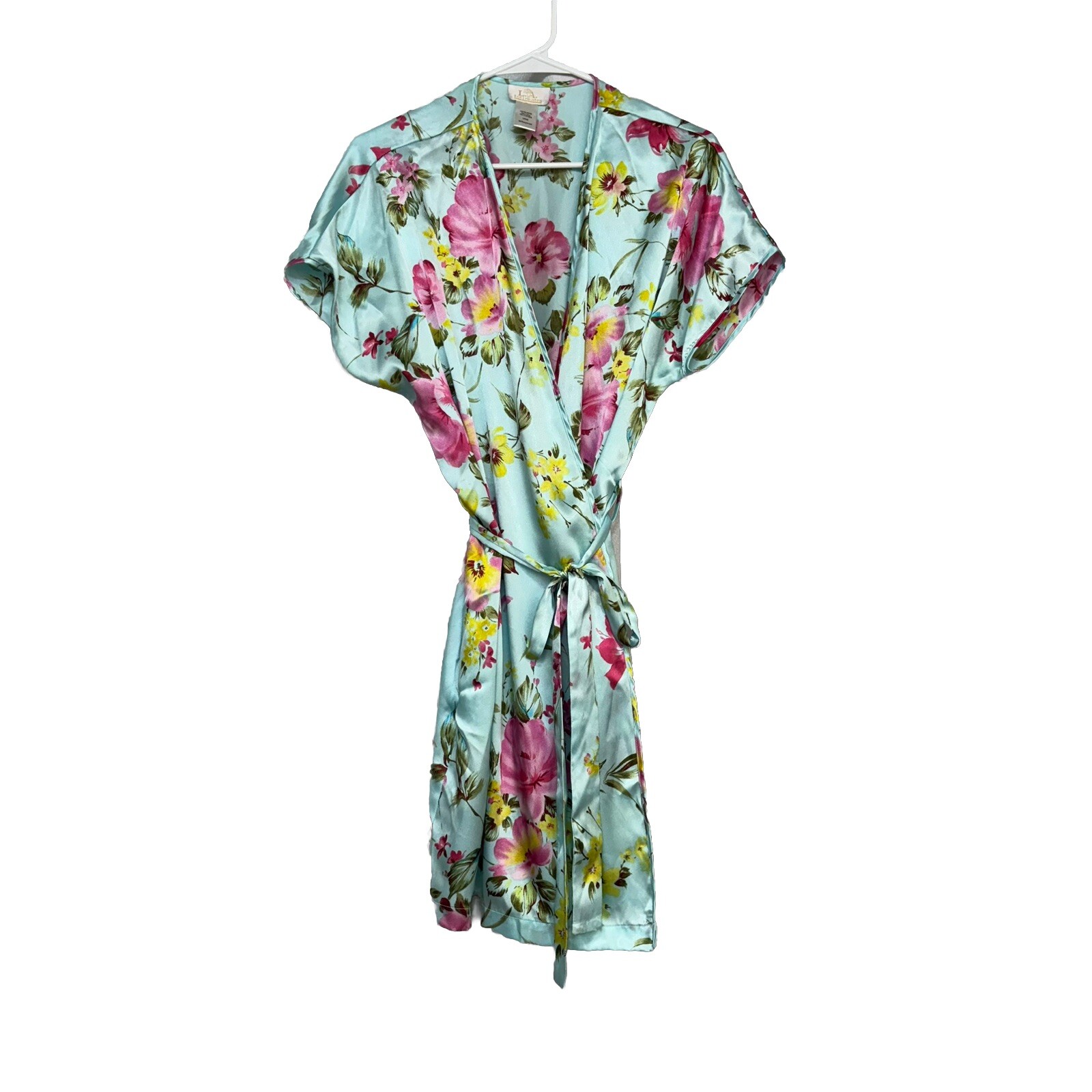 VTG LA Intimates Sz L Robe SS Kimono Wrap Blue Floral Romantic Garden Flowers