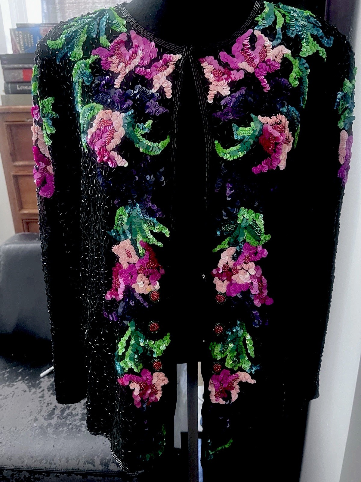 Stunning sequinned & CHAMANI beaded 80s open jacket top. Hook And Eye Closers