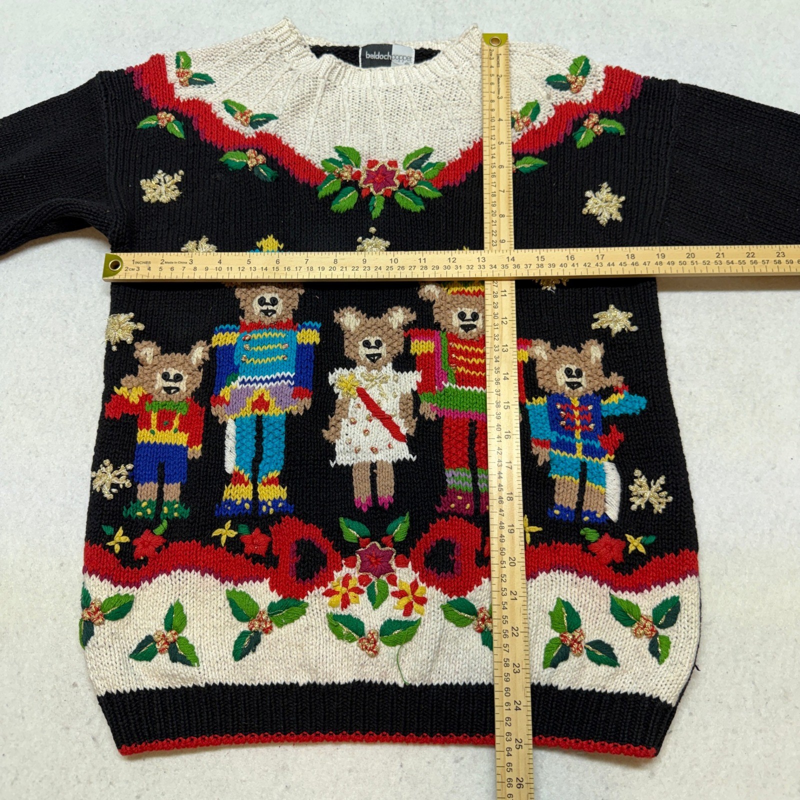 Vintage Beldoch Popper Nutcracker Bear Christmas Knit Sweater 90s Black Medium