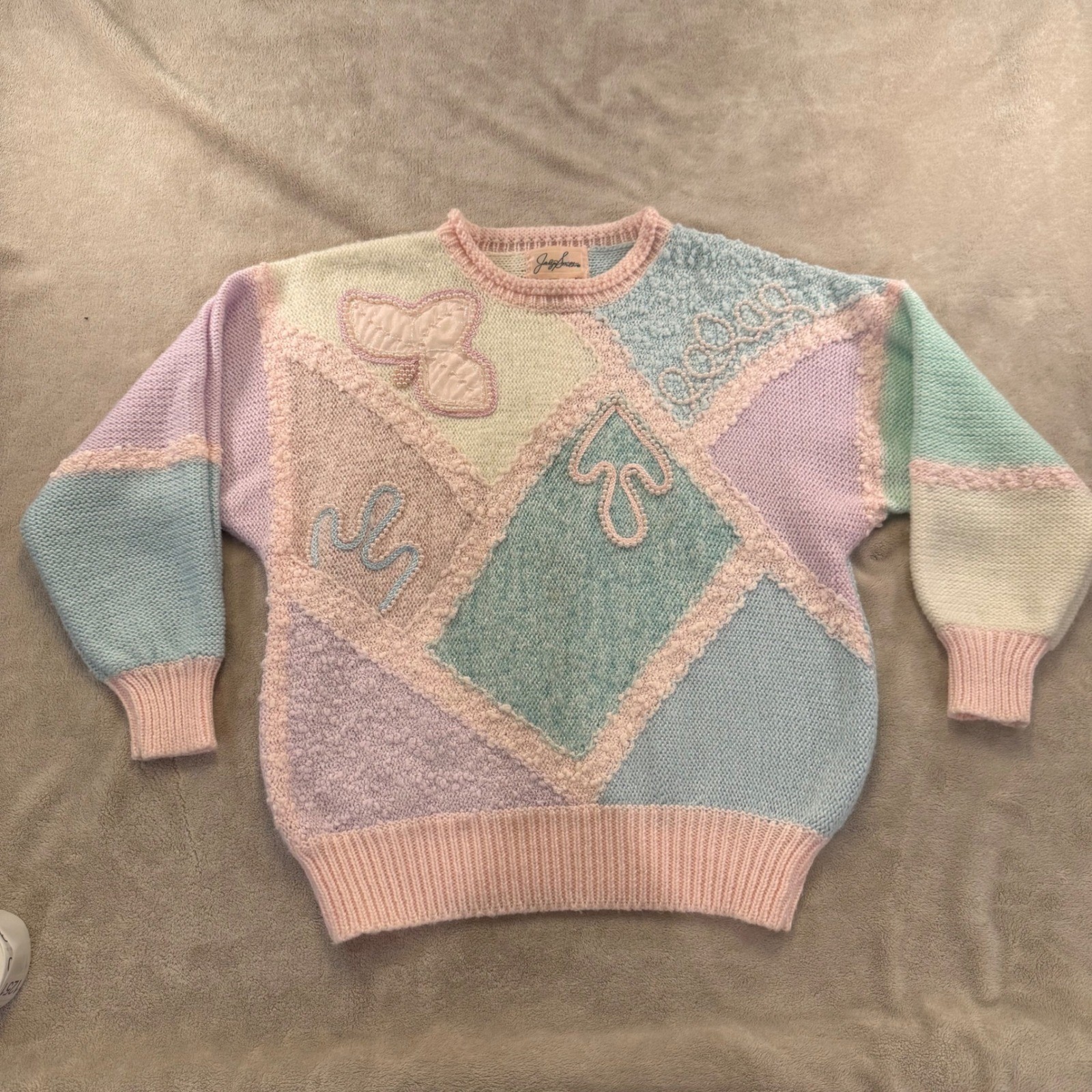 Vintage 80’s Pastel Patchwork Beaded Sweater Women’s Halloween Costume Sz S
