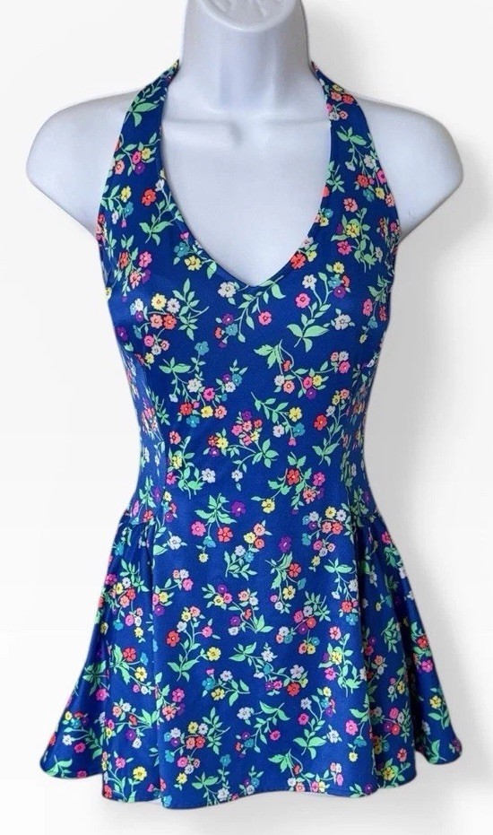 Vintage 70’s Gabar Ditsy FloralSkirted Swimsuit 12 Blue 1 Piece Made In USA