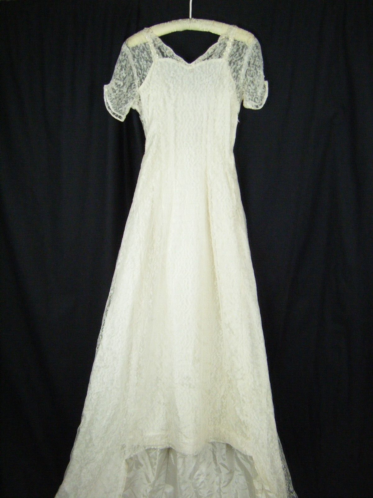 Vtg 50s Ivory Floral Beaded Lace Wedding Dress & Lace Sleeve-Bust 30/3XS-2XS
