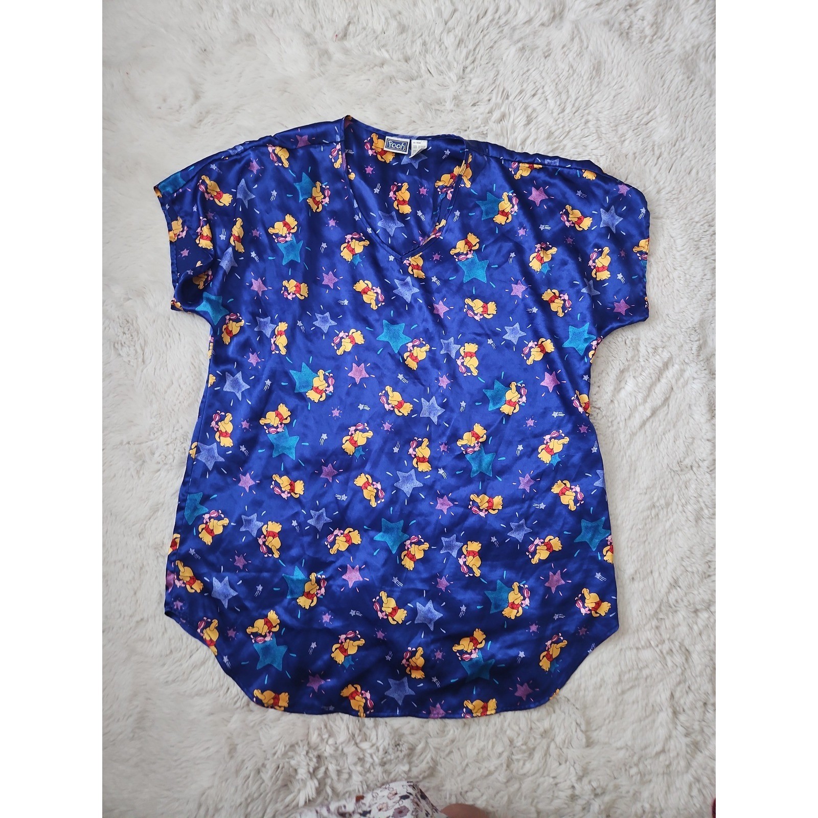 Vintage Winnie The Pooh Disney Satin Nightgown XL Blue Stars Sleepwear Dress