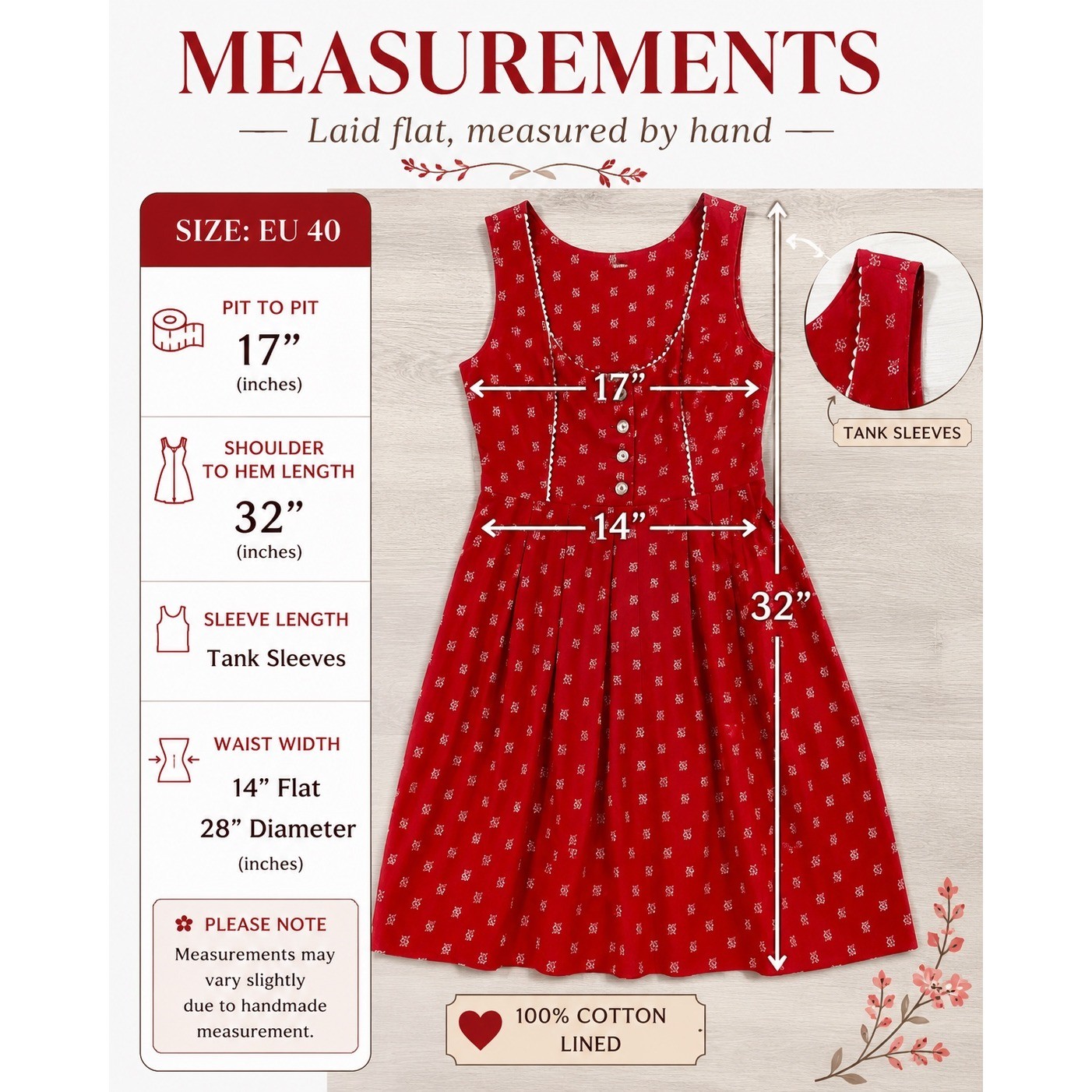 German Dirndl Inspired Dress Size 40 Red Floral Cotton Alpine Cottagecore