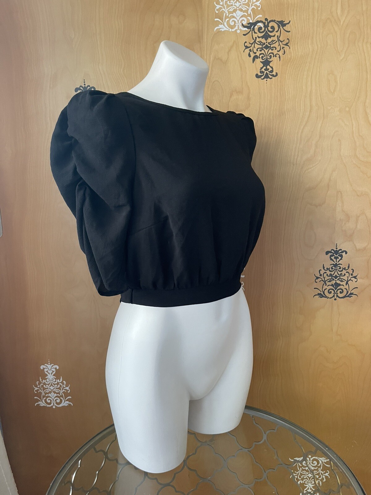 NWT Y2K 2000 Peplum Blouse Crop Top 1/2 Sleeve Adjustable Tie Strings Black S/M