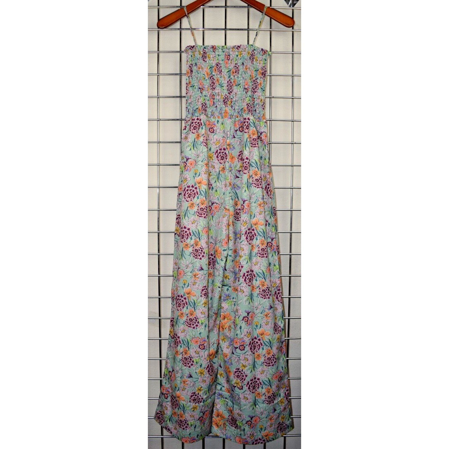 Vintage Jumpsuit Pale Green Size S/M 90s Ruched Bodice Pink Spring Flowers Sheen